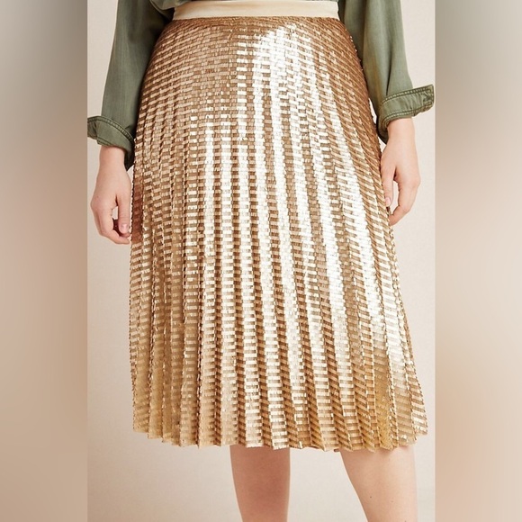 NWT Anthropologie Maeve Natalia Sequined Midi Skirt in Gold Size Small Petite. - Picture 13 of 16